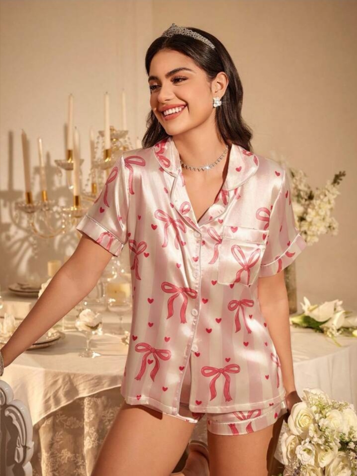 LuxeNights 2pcs Womens Bow Print Pocket Short Sleeve Top And Shorts Set, Spring/Summer